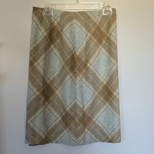 Ann Taylor Fall Tan, Cream, and Grey Plaid A-line Mid Length Skirt